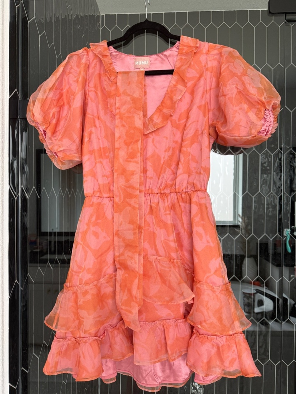 Show Me Your MuMu Coral Pink Floral Puff-Sleeve Ruffle Dress